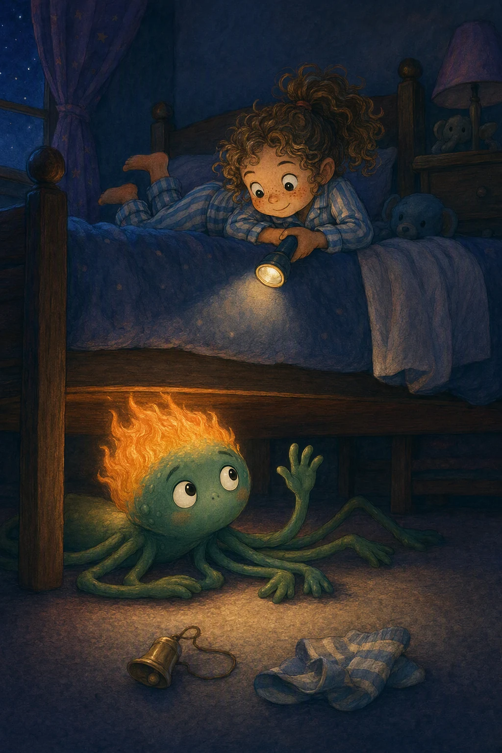 Parker Pebble hangs off the edge of her bed with a flashlight; under it, green eight-armed Octavitin waves back beneath a puff of orange hair.
